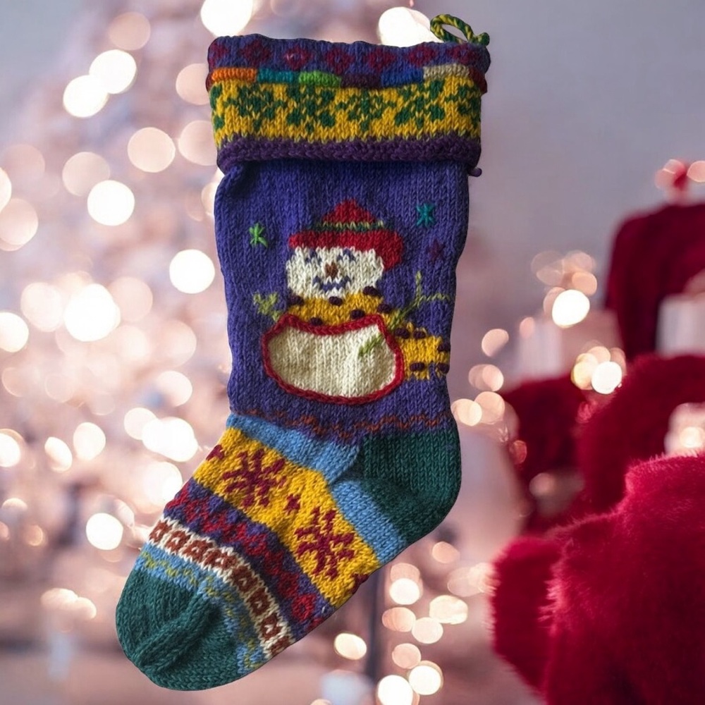 Handmade Wool Christmas Stocking Made In Nepal Ganesh Himal Snowman Purple New